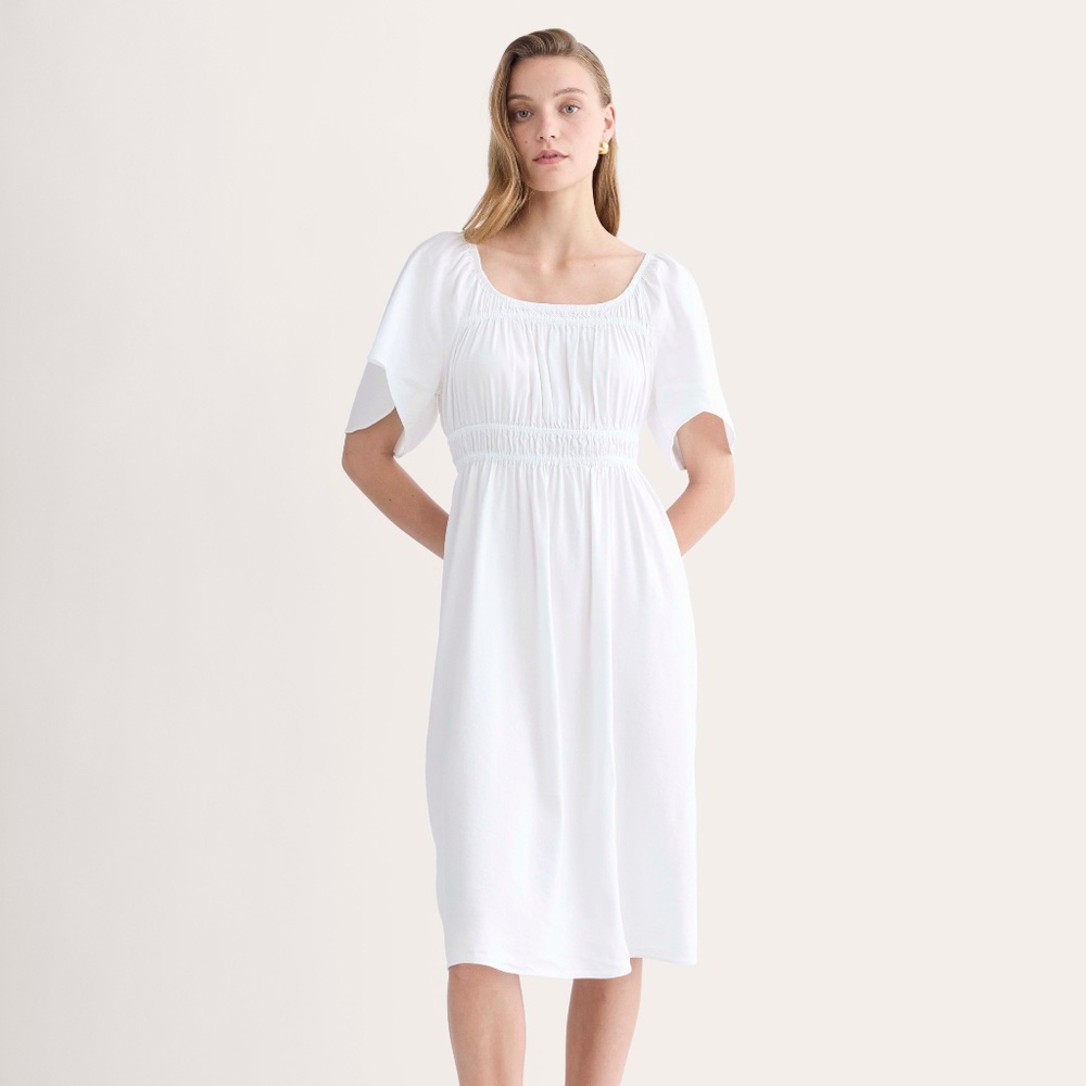 Everlane Women's Flutter-Sleeve Dress in Stretch Linen in White, Size 2XS